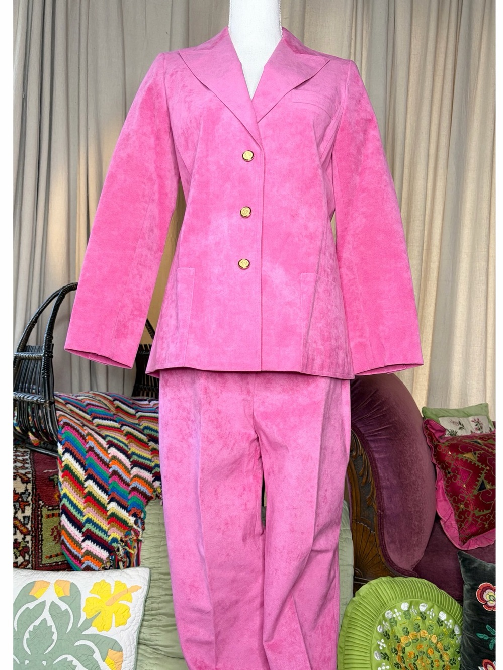 70s Pink Ultrasuede Pantsuit and Clutch